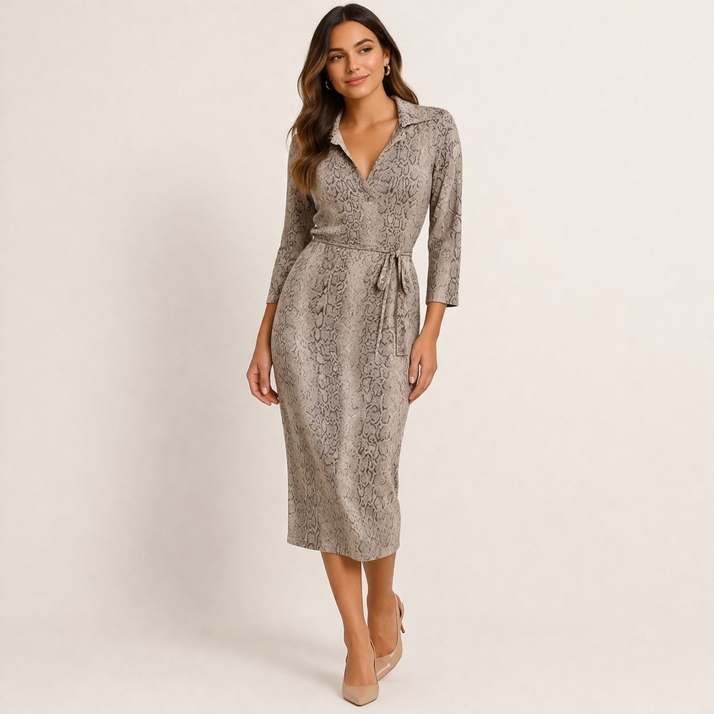 Warehouse Women Snakeskin Stretch Midi Sheath Dress‎ 10 Collared Minimalist